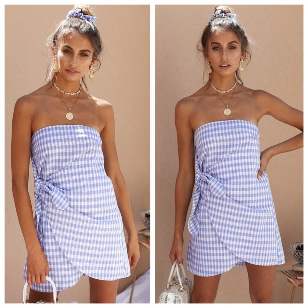 Sabo Skirt Lilac Gingham Strapless Mini Dress